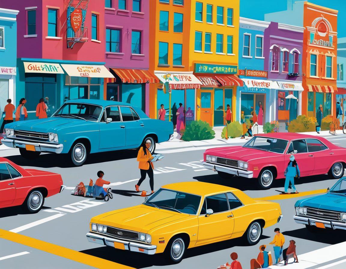 A vibrant, illustrated roadmap winding through a cityscape filled with parked cars, each labeled with various discount tags. In the foreground, a happy family examines their vehicle with a checklist of protection options in hand. The background features icons representing insurance coverage, dollar signs, and shields for protection. Bright colors and a cheerful tone create an inviting atmosphere. vector art. vibrant colors. white background.