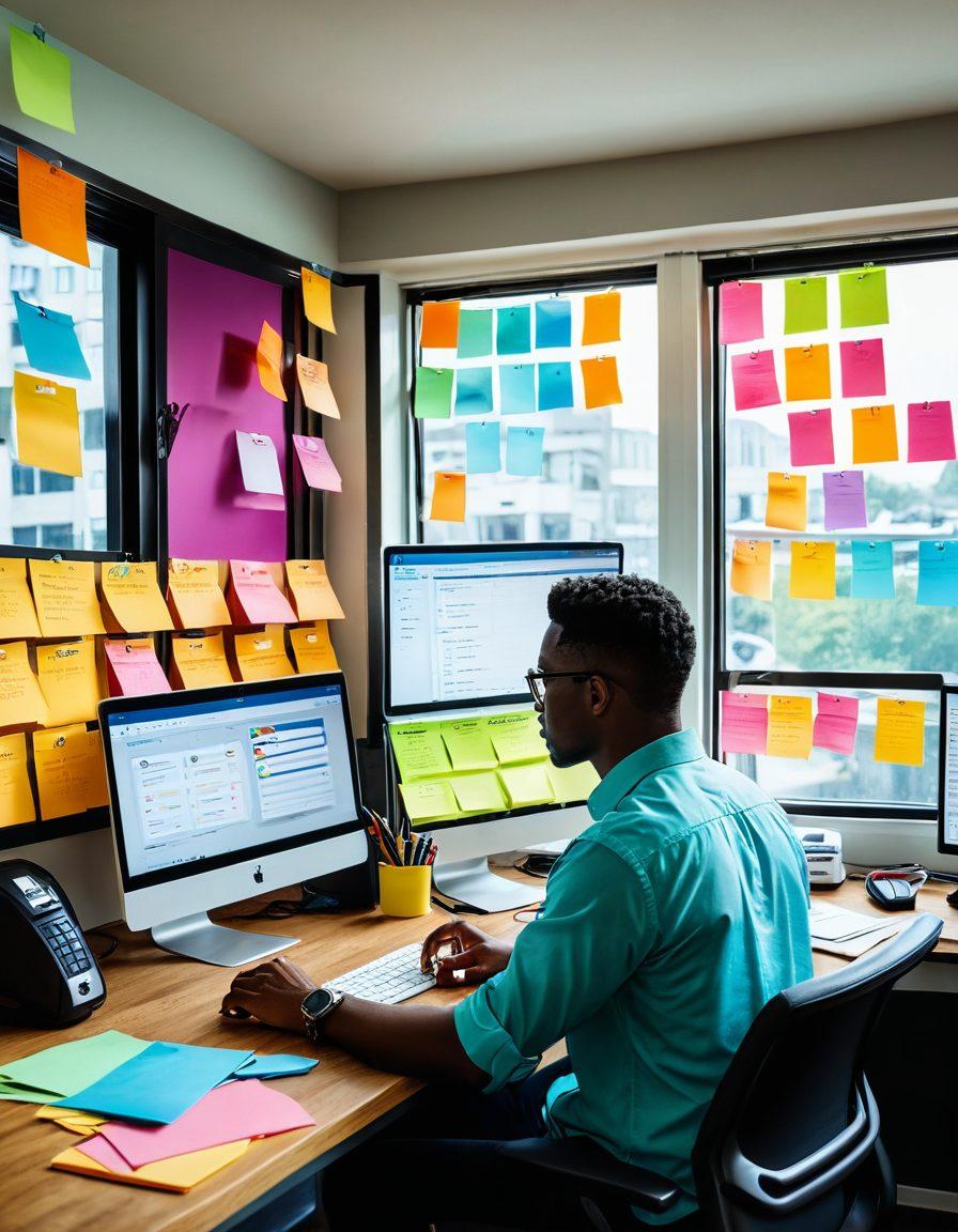 A person sitting at a desk, looking at a computer screen filled with car insurance options and cost comparisons, with bright post-it notes around them highlighting key savings tips. A car parked outside the window, symbolizing the insurance theme, and dollar signs subtly integrated into the background. Vibrant colors. modern flat design.