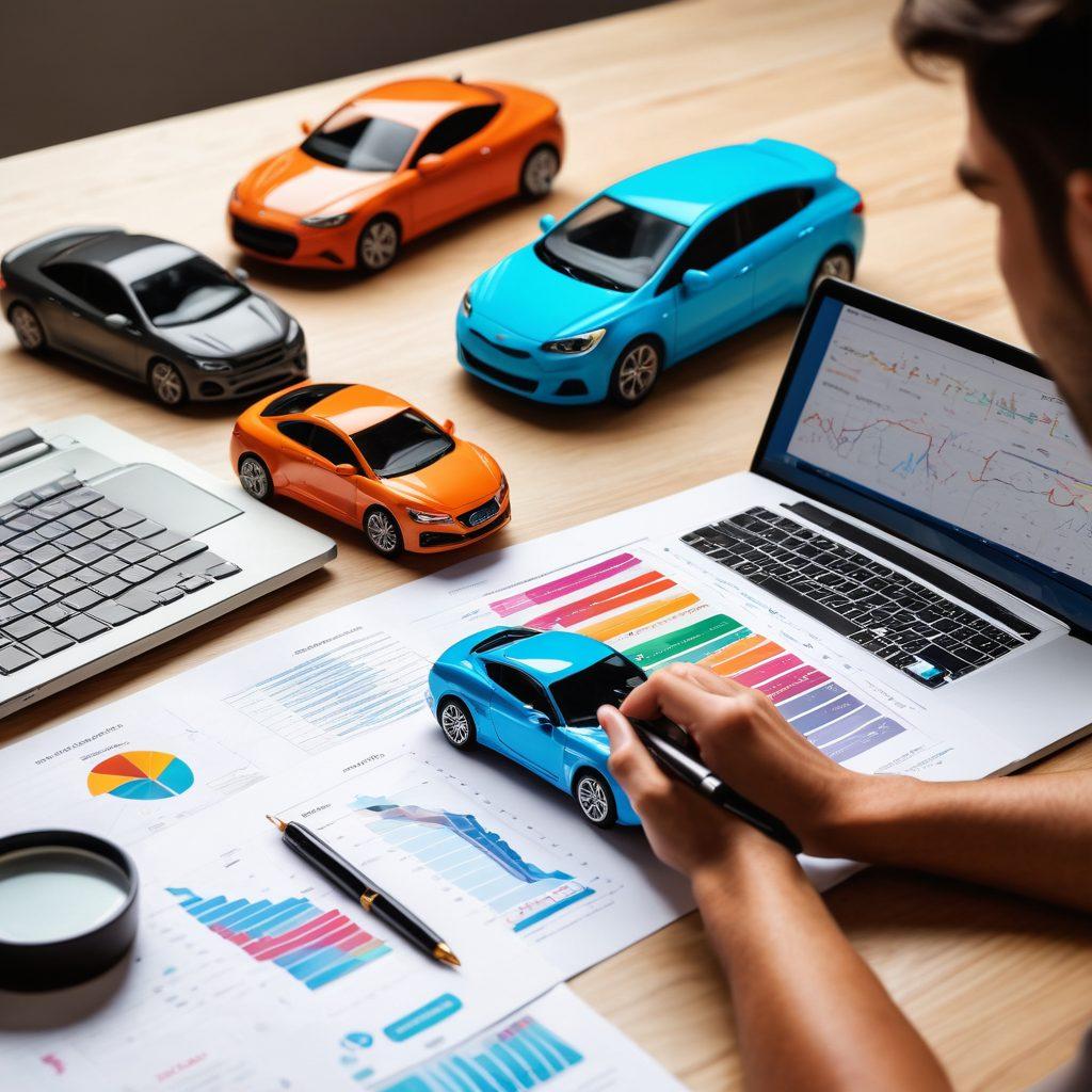 A person looking at multiple car insurance quotes on a laptop, surrounded by colorful charts and graphs illustrating savings and policy comparisons, with a magnifying glass in hand symbolizing careful evaluation. The background features a diverse array of cars representing different insurance options. The scene conveys a sense of clarity and focus on making informed decisions. vibrant colors. super-realistic.